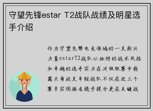 守望先锋estar T2战队战绩及明星选手介绍